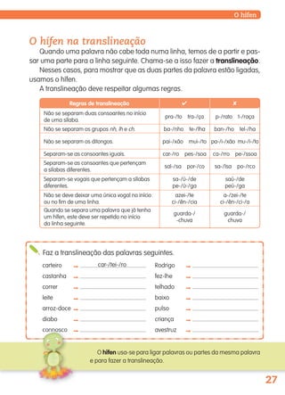 27
O hífen
O hífen na translineação
Quando uma palavra não cabe toda numa linha, temos de a partir e pas-
sar uma parte para a linha seguinte. Chama-se a isso fazer a translineação.
Nesses casos, para mostrar que as duas partes da palavra estão ligadas,
usamos o hífen.
A translineação deve respeitar algumas regras.
Faz a translineação das palavras seguintes.
carteiro  Rodrigo 
castanha  fez-lhe 
correr  telhado 
leite  baixo 
arroz-doce  pulso 
diabo  criança 
avestruz 
car-/tei-/ro
Regras de translineação ✔ ✘
Não se separam duas consoantes no início
de uma sílaba.
pra-/to tra-/ça p-/rato t-/raça
Não se separam os grupos nh, lh e ch. ba-/nho te-/lha ban-/ho tel-/ha
Separam-se as consoantes que pertençam
a sílabas diferentes.
sal-/sa por-/co sa-/lsa po-/rco
Não se separam os ditongos. pai-/xão mui-/to pa-/i-/xão mu-/i-/to
Separam-se vogais que pertençam a sílabas
diferentes.
sa-/ú-/de
pe-/ú-/ga
saú-/de
peú-/ga
Separam-se as consoantes iguais. car-/ro pes-/soa ca-/rro pe-/ssoa
Não se deve deixar uma única vogal no início
ou no fim de uma linha.
azei-/te
ci-/ên-/cia
a-/zei-/te
ci-/ên-/ci-/a
Quando se separa uma palavra que já tenha
um hífen, este deve ser repetido no início
da linha seguinte.
guarda-/
-chuva
guarda-/
chuva
O hífen usa-se para ligar palavras ou partes da mesma palavra
e para fazer a translineação.
139557 022_035_P2.indd 27 11/02/14 17:23
 