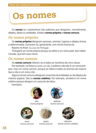 36
Plano das classes de palavras
Os nomes
Os nomes (ou substantivos) são palavras que designam, normalmente,
objetos, ideias ou entidades. Existem nomes próprios e nomes comuns.
Os nomes próprios
Os nomes próprios designam pessoas, animais, lugares e objetos únicos
e determinados. Escrevem-se, geralmente, com inicial maiúscula.
Repara na frase: Eu vivo em Portugal.
Portugal é um nome próprio porque se refere a um único país, bem deter-
minado, que tem esse nome.
Os nomes comuns
Os nomes comuns referem-se a todos os membros de uma classe.
Por exemplo, na frase Eu tenho um cão, a palavra cão não é um nome pró-
prio, mas um nome comum, porque se refere a todos os animais do mesmo
tipo e não a um único cão.
Alguns nomes comuns designam conjuntos de entidades ou de objetos da
mesma espécie. São os nomes coletivos. Por exemplo, alcateia é um nome
coletivo porque designa um conjunto de lobos.
Exemplos:
amor
(nome comum)
pedra
(nome comum)
rebanho
(nome comum coletivo)
elefante
(nome comum)
Rita
(nome próprio)
139557 036_053_P3.indd 36 11/02/14 17:23
 