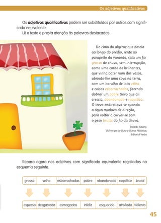 45
Do cimo do algeroz que descia
ao longo do prédio, rente ao
parapeito da varanda, caía um ﬁo
grosso de chuva, sem interrupção,
como uma corda de brilhantes,
que vinha bater num dos vasos,
abrindo-lhe uma cova na terra,
com um barulho de lata velha
e coisas esborrachadas, fazendo
dobrar um pobre trevo que ali
crescia, abandonado e raquítico.
O trevo endireitava-se quando
a água mudava de direção,
para voltar a curvar-se com
o peso brutal do ﬁo da chuva.
Ricardo Alberty,
O Príncipe de Ouro e Outras Histórias,
Editorial Verbo
Os adjetivos qualificativos
Os adjetivos qualificativos podem ser substituídos por outros com signifi-
cado equivalente.
Lê o texto e presta atenção às palavras destacadas.
Repara agora nos adjetivos com significado equivalente registados no
esquema seguinte.
grosso velha esborrachadas pobre abandonado raquítico brutal
espesso desgastada esmagadas infeliz esquecido atrofiado violento
139557 036_053_P3.indd 45 11/02/14 17:24
 