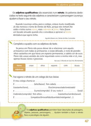 47
Quando Lourença voltou para o colégio, estava muito modiﬁcada.
Já não merecia o nome de Dentes de Rato, porque eles tinham-lhe
caído e tinha outros novos, mais redondos e fortes. Falco ﬁcava
um bocado amuado quando ela o convidava a apreciar a bonita
dentadura que agora tinha.
Agustina Bessa-Luís, Dentes de Rato, Guimarães
Se penso em Marie não posso deixar de a relacionar com aquela
primavera e com todas as primaveras: o corpo delicado, o rosto de grandes
olhos castanhos em que havia um espanto permanente, o cabelo cor de ouro.
Marie não usava vestidos de corte requintado como a minha mãe e Lili, mas
apenas blusas claras e graciosas.
Ilse Losa, O Mundo em Que Vivi, Afrontamento
O meu colega chama-se .
É (alto/baixo). Tem cabelo
(castanho/loiro), (liso/encaracolado/ondulado)
e (curto/comprido). O seu rosto é (oval/
/redondo/comprido). Tem olhos (castanhos/verdes/azuis).
É (simpático/brincalhão/divertido/inteligente/…).
Os adjetivos qualificativos
Os adjetivos qualificativos são essenciais num retrato. As palavras desta-
cadas no texto seguinte são adjetivos e caracterizam a personagem Lourença:
ajudam a fazer o seu retrato.
Completa o quadro com os adjetivos do texto.
Faz agora o retrato de um colega da tua classe.
Nome
Adjetivo(s)
corpo olhos espanto corte blusas
Os adjetivos qualificativos permitem fazer descrições de paisagens,
objetos, pessoas, personagens, … Ajudam também a fazer o retrato
físico e psicológico de alguém.
139557 036_053_P3.indd 47 11/02/14 17:24
 