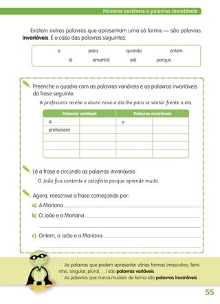 55
Palavras variáveis e palavras invariáveis
A professora recebe o aluno novo e diz-lhe para se sentar frente a ela.
Preenche o quadro com as palavras variáveis e as palavras invariáveis
da frase seguinte.
Agora, reescreve a frase começando por:
Existem outras palavras que apresentam uma só forma — são palavras
invariáveis. É o caso das palavras seguintes.
e para quando ontem
porquelá amanhã até
Lê a frase e circunda as palavras invariáveis.
O João ﬁca contente e satisfeito porque aprende muito.
a) A Mariana
b) O João e a Mariana
c) Ontem, o João e a Mariana
As palavras que podem apresentar várias formas (masculino, femi-
nino, singular, plural, …) são palavras variáveis.
As palavras que nunca mudam de forma são palavras invariáveis.
Palavras variáveis Palavras invariáveis
A
professora
e
139557 054_087_P4.indd 55 11/02/14 17:24
 