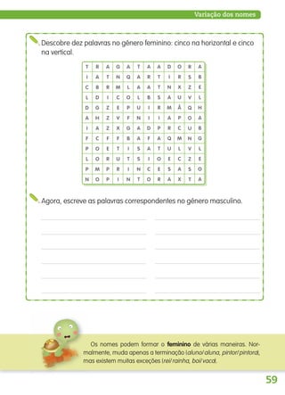59
Variação dos nomes
Descobre dez palavras no género feminino: cinco na horizontal e cinco
na vertical.
R
S
Z
V
Q
O
U
N
V
Z
S
T
T
I
C
L
D
A
I
F
P
L
P
N
R
A
B
D
G
H
A
C
O
O
M
O
A
T
R
I
Z
Z
Z
F
E
R
P
P
G
N
M
C
E
V
X
F
T
U
R
I
A
Q
L
O
P
F
G
B
I
T
I
N
T
A
A
L
U
N
A
A
S
S
N
T
A
R
A
B
I
I
D
F
A
I
C
O
A
T
T
S
R
I
P
A
T
O
E
R
D
I
N
A
M
A
R
Q
U
E
S
A
O
R
X
U
Ã
P
C
M
L
C
A
X
A
B
E
L
H
A
B
G
L
E
O
A
Agora, escreve as palavras correspondentes no género masculino.
Os nomes podem formar o feminino de várias maneiras. Nor-
malmente, muda apenas a terminação (aluno/aluna, pintor/pintora),
mas existem muitas exceções (rei/rainha, boi/vaca).
139557 054_087_P4.indd 59 11/02/14 17:25
 