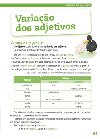 65
Variação dos adjetivos
Variação
dos adjetivos
Variação em género
O adjetivo pode apresentar variação em género.
Repara nos adjetivos destacados no texto.
Era um belo espetáculo, a vida em torno, agitada ou mansa.
Botões nasciam perfumados e desabrochavam em ﬂores radiosas,
pássaros voavam entre trinados alegres, pombos arrulhavam amor, ninhadas
de pintos recém-nascidos seguiam o cacarejar de orgulhosa galinha, o grande
Pato Negro fazia a corte à linda Pata Branca, banhando-a na água clara do lago.
Jorge Amado, O Gato Malhado e a Andorinha Sinhá, Publicações Dom Quixote (texto adaptado)
Os adjetivos listados acima apresentam uma forma para o género masculino
e uma forma para o género feminino.
Há também adjetivos que não variam em género, ou seja, a forma masculina
e a forma feminina são iguais.
Exs.: o pato alegre/a pata alegre
o homem elegante/a mulher elegante
Adjetivos
Masculino Feminino
belo
perfumados
recém-nascidos
agitada, mansa
radiosas
orgulhosa
clara
—
—
—
—
—
—
—
Nomes
espetáculo
vida
botões
flores
pintos
galinha
água
139557 054_087_P4.indd 65 11/02/14 17:25
 