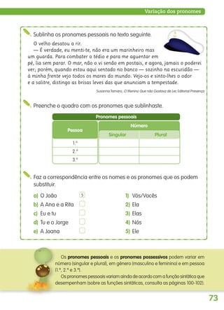 73
Variação dos pronomes
Sublinha os pronomes pessoais no texto seguinte.
O velho desatou a rir.
— É verdade, eu menti-te, não era um marinheiro mas
um guarda. Para combater o tédio e para me aguentar em
pé, lia sem parar. O mar, não o vi senão em postais, e agora, jamais o poderei
ver; porém, quando estou aqui sentado no banco — sozinho na escuridão —
à minha frente vejo todos os mares do mundo. Vejo-os e sinto-lhes o odor
e a salitre, distingo as brisas leves das que anunciam a tempestade.
Susanna Tamaro, O Menino Que não Gostava de Ler, Editorial Presença
Faz a correspondência entre os nomes e os pronomes que os podem
substituir.
a) O João 1) Vós/Vocês
b) A Ana e a Rita 2) Ela
c) Eu e tu 3) Elas
d) Tu e o Jorge 4) Nós
e) A Joana 5) Ele
5
Preenche o quadro com os pronomes que sublinhaste.
Pessoa
Número
Singular Plural
1.a
2.a
3.a
Pronomes pessoais
Os pronomes pessoais e os pronomes possessivos podem variar em
número (singular e plural), em género (masculino e feminino) e em pessoa
(1.ª, 2.ª e 3.ª).
Os pronomes pessoais variam ainda de acordo com a função sintática que
desempenham (sobre as funções sintáticas, consulta as páginas 100-102).
139557 054_087_P4.indd 73 11/02/14 17:25
 