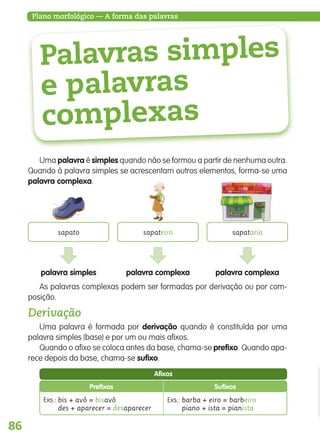 86
Plano morfológico — A forma das palavras
Palavras simples
e palavras
complexas
Uma palavra é simples quando não se formou a partir de nenhuma outra.
Quando à palavra simples se acrescentam outros elementos, forma-se uma
palavra complexa.
Derivação
Uma palavra é formada por derivação quando é constituída por uma
palavra simples (base) e por um ou mais afixos.
Quando o afixo se coloca antes da base, chama-se prefixo. Quando apa-
rece depois da base, chama-se sufixo.
palavra simples palavra complexa
As palavras complexas podem ser formadas por derivação ou por com-
posição.
palavra complexa
sapato sapateiro sapataria
Prefixos Sufixos
Afixos
Exs.: bis + avô = bisavô
des + aparecer = desaparecer
Exs.: barba + eiro = barbeiro
piano + ista = pianista
139557 054_087_P4.indd 86 11/02/14 17:25
 