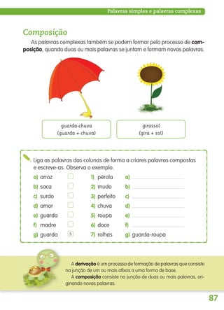 87
Composição
As palavras complexas também se podem formar pelo processo de com-
posição, quando duas ou mais palavras se juntam e formam novas palavras.
Palavras simples e palavras complexas
Liga as palavras das colunas de forma a criares palavras compostas
e escreve-as. Observa o exemplo.
a) arroz 1) pérola a)
b) saca 2) mudo b)
c) surdo 3) perfeito c)
d) amor 4) chuva d)
e) guarda 5) roupa e)
f) madre 6) doce f)
g) guarda 7) rolhas g) guarda-roupa5
A derivação é um processo de formação de palavras que consiste
na junção de um ou mais afixos a uma forma de base.
A composição consiste na junção de duas ou mais palavras, ori-
ginando novas palavras.
guarda-chuva
(guarda + chuva)
girassol
(gira + sol)
139557 054_087_P4.indd 87 11/02/14 17:25
 