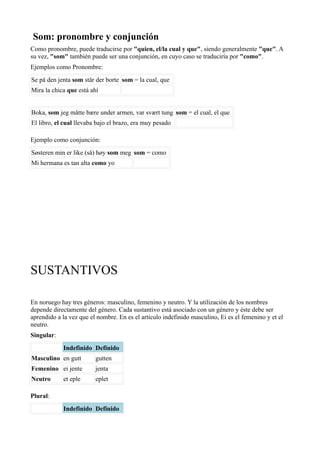 Som: pronombre y conjunción
Como pronombre, puede traducirse por "quien, el/la cual y que", siendo generalmente "que". A
su vez, "som" también puede ser una conjunción, en cuyo caso se traduciría por "como".
Ejemplos como Pronombre:
Se på den jenta som står der borte som = la cual, que
Mira la chica que está ahí
Boka, som jeg måtte bære under armen, var svært tung som = el cual, el que
El libro, el cual llevaba bajo el brazo, era muy pesado
Ejemplo como conjunción:
Søsteren min er like (så) høy som meg som = como
Mi hermana es tan alta como yo
SUSTANTIVOS
En noruego hay tres géneros: masculino, femenino y neutro. Y la utilización de los nombres
depende directamente del género. Cada sustantivo está asociado con un género y éste debe ser
aprendido a la vez que el nombre. En es el artículo indefinido masculino, Ei es el femenino y et el
neutro.
Singular:
Indefinido Definido
Masculino en gutt gutten
Femenino ei jente jenta
Neutro et eple eplet
Plural:
Indefinido Definido
 
