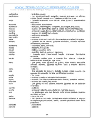 www.ResumosConcursos.hpg.com.br
 Resumo: Gramática Completa da Língua Portuguesa    – por   Carlos Alberto S. Baptista

maltrapilho           - farândola, grupo;
mantimento            - (em geral) sortimento, provisão, (quando em saco, em alforge)
                      matula, farnel, (quando em cômodo especial) despensa;
mapa                  - (quando ordenados num volume) atlas, (quando selecionados)
                      mapoteca;
máquina               - maquinaria, maquinismo;
marinheiro            - marujada, marinhagem, companha, equipagem, tripulação;
médico                - (quando em conferência sobre o estado de um enfermo) junta;
menino                - (em geral) grupo, bando, (depreciativamente) chusma, cambada;
mentira               - (quando em seqüência) enfiada;
mercadoria            - sortimento, provisão;
mercenário            - mesnada;
metal                 - (quando entra na construção de uma obra ou artefato) ferragem;
ministro              - (quando de um mesmo governo) ministério, (quando reunidos
                      oficialmente) conselho;
montanha              - cordilheira, serra, serrania;
mosca                 - moscaria, mosquedo;
móvel                 - mobília, aparelho, trem;
música                - (quanto a quem a conhece) repertório;
músico                - (quando com instrumento) banda, charanga, filarmônica,
                      orquestra;
nação                 - (quando unidas para o mesmo fim) aliança, coligação,
                      confederação, federação, liga, união;
navio                 - (em geral) frota, (quando de guerra) frota, flotilha, esquadra,
                      armada, marinha, (quando reunidos para o mesmo destino)
                      comboio;
nome                  - lista, rol;
nota                  - (na acepção de dinheiro) bolada, bolaço, maço, pacote, (na
                      acepção de produção literária, científica) comentário;
objeto                - Ver coisa;
onda                  - (quando grandes e encapeladas) marouço;
órgão                 - (quando concorrem para uma mesma função) aparelho, sistema;
orquídea              - (quando em viveiro) orquidário;
osso                  - (em geral) ossada, ossaria, ossama, (quando de um cadáver)
                      esqueleto;
ouvinte               - auditório;
ovelha                - (em geral) rebanho, grei, chafardel, malhada, oviário;
ovo                   - (os postos por uma ave durante certo tempo) postura, (quando
                      no ninho) ninhada;
padre                 - clero, clerezia;
palavra               - (em geral) vocabulário, (quando em ordem alfabética e seguida
                      de significação) dicionário, léxico, (quando proferidas sem nexo)
                      palavrório;
pancada               - pancadaria;
pantera               - alcatéia;



                                        14
 