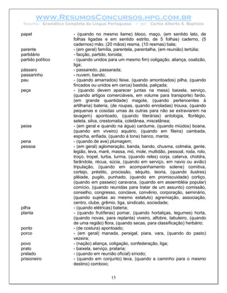 www.ResumosConcursos.hpg.com.br
 Resumo: Gramática Completa da Língua Portuguesa     – por   Carlos Alberto S. Baptista

papel                 - (quando no mesmo liame) bloco, maço, (em sentido lato, de
                      folhas ligadas e em sentido estrito, de 5 folhas) caderno, (5
                      cadernos) mão, (20 mãos) resma, (10 resmas) bala;
parente               - (em geral) família, parentela, parentalha, (em reunião) tertúlia;
partidário            - facção, partido, torcida;
partido político      - (quando unidos para um mesmo fim) coligação, aliança, coalizão,
                      liga;
pássaro               - passaredo, passarada;
passarinho            - nuvem, bando;
pau                   - (quando amarrados) feixe, (quando amontoados) pilha, (quando
                      fincados ou unidos em cerca) bastida, paliçada;
peça                  - (quando devem aparecer juntas na mesa) baixela, serviço,
                      (quando artigos comerciáveis, em volume para transporte) fardo,
                      (em grande quantidade) magote, (quando pertencentes à
                      artilharia) bateria, (de roupas, quando enroladas) trouxa, (quando
                      pequenas e cosidas umas às outras para não se extraviarem na
                      lavagem) apontoado, (quando literárias) antologia, florilégio,
                      seleta, silva, crestomatia, coletânea, miscelânea;
peixe                 - (em geral e quando na água) cardume, (quando miúdos) boana,
                      (quando em viveiro) aquário, (quando em fileira) cambada,
                      espicha, enfiada, (quando à tona) banco, manta;
pena                  - (quando de ave) plumagem;
pessoa                - (em geral) aglomeração, banda, bando, chusma, colméia, gente,
                      legião, leva, maré, massa, mó, mole, multidão, pessoal, roda, rolo,
                      troço, tropel, turba, turma, (quando reles) corja, caterva, choldra,
                      farândola, récua, súcia, (quando em serviço, em navio ou avião)
                      tripulação, (quando em acompanhamento solene) comitiva,
                      cortejo, préstito, procissão, séquito, teoria, (quando ilustres)
                      plêiade, pugilo, punhado, (quando em promiscuidade) cortiço,
                      (quando em passeio) caravana, (quando em assembléia popular)
                      comício, (quando reunidas para tratar de um assunto) comissão,
                      conselho, congresso, conclave, convênio, corporação, seminário,
                      (quando sujeitas ao mesmo estatuto) agremiação, associação,
                      centro, clube, grêmio, liga, sindicato, sociedade;
pilha                 - (quando elétricas) bateria;
planta                - (quando frutíferas) pomar, (quando hortaliças, legumes) horta,
                      (quando novas, para replanta) viveiro, alfobre, tabuleiro, (quando
                      de uma região) flora, (quando secas, para classificação) herbário;
ponto                 - (de costura) apontoado;
porco                 - (em geral) manada, persigal, piara, vara, (quando do pasto)
                      vezeira;
povo                  - (nação) aliança, coligação, confederação, liga;
prato                 - baixela, serviço, prataria;
prelado               - (quando em reunião oficial) sínodo;
prisioneiro           - (quando em conjunto) leva, (quando a caminho para o mesmo
                      destino) comboio;


                                         15
 
