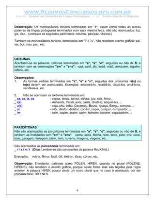 www.ResumosConcursos.hpg.com.br
 Resumo: Gramática Completa da Língua Portuguesa                – por   Carlos Alberto S. Baptista



Observação: Os monossílabos tônicos terminados em "z", assim como todas as outras
palavras da língua portuguesa terminadas com essa mesma letra, não são acentuados: luz,
giz, dez... (compare os seguintes parônimos: nós/noz, pás/paz, vês/vez).

Também os monossílabos tônicos, terminados em "i" e "u", não recebem acento gráfico: pai,
vai, boi, mau, pau, etc.



OXÍTONAS
Acentuam-se as palavras oxítonas terminadas em "a", "e", "o", seguidas ou não de S; e
também com as terminações "em" e "ens": cajá, café, jiló, bebê, robô, armazém, alguém,
reféns, etc.

Observações:
1.   As formas verbais terminadas em "a", "e" e "o", seguidas dos pronomes la(s) ou
     lo(s) devem ser acentuadas. Exemplos: encontrá-lo, recebê-la, dispô-los, amá-lo-ia,
     vendê-la-ia, etc.

2.     Não se acentuam as oxítonas terminadas em:
_ az, ez, iz, oz        - capaz, tenaz, talvez, altivez, juiz, raiz, feroz...
_ i(s)                  - Anhembi, Parati, anis, barris, dividi-lo, adquiri-las...;
_ u(s)                  - caju, pitu, zebu, Caxambu, Bauru, Iguaçu, Bangu, compus...;
_ or                    - ator, diretor, detetor, condor, impor, compor, compositor...;
_ im                    - ruim, capim, assim, aipim, folhetim, boletim, espadachim...;



PAROXÍTONAS
Não são acentuadas as paroxítonas terminadas em "a", "e", "o", seguidas ou não de S; e
também as finalizadas com "em" e "ens": cama, seda, flecha, rede, sede, pote, ovo, coco,
bolo, garagem, ferrugem, idem, item, nuvens, imagens, viagens, etc.

São acentuadas as paroxítonas terminadas em:
_ r / x / n / l (Dica: Lembre-se das consoantes da palavra RouXiNoL)

Exemplos:    mártir, fêmur, fácil, útil, elétron, tórax, córtex, etc.

Observação: Entretanto, palavras como PÓLEN, HÍFEN, quando no plural (POLENS,
HIFENS), não recebem o acento gráfico, porque nesta forma elas são regidas pela regra
anterior. A palavra HÍFEN possui ainda um outro plural que no caso é acentuado por ser
proparoxítono: HÍFENES.




                                                  4
 