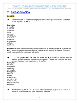 www.ResumosConcursos.hpg.com.br
 Resumo: Gramática Completa da Língua Portuguesa         – por   Carlos Alberto S. Baptista


VI. DIVISÃO SILÁBICA
REGRAS:

      Não se separam os elementos dos grupos consonantais que iniciam uma sílaba nem
      os dos dígrafos "ch, lh, nh".

Exemplos:
a-blu-ção,
a-bra-sar,
a-che-gar,
fi-lho,
ma-nhã,
con-tri-bu-ir,
a-fri-ca-no,
a-plai-nar,
en-gra-ça-do,
re-fle-tir,
su-bli-me.

Observação: Nem sempre formam grupos consonantais os elementos bl e br. No caso de o
l e o r serem pronunciados separadamente, poderá haver a partição da palavra. Exemplos:
sub-lin-gual, sub-li-nhar, sub-ro-gar, ab-rup-to.


       O "s" dos prefixos bis, cis, des, dis, trans e o x do prefixo ex não se separam
       quando a sílaba seguinte começar por consoante. Todavia, se iniciar-se por vogal,
       formam sílaba com esta e separam-se do prefixo.
Exemplos:
bis-ne-to,
cis-pla-ti-no,
des-li-gar,
dis-tra-ção,
trans-por-tar,
ex-tra-ir,
bi-sa-vó,
ci-san-di-no,
de-ses-pe-rar,
di-sen-te-ri-a,
tran-sa-tlân-ti-co,
e-xér-ci-to.


      As letras "cc, cç, sc, rr, ss" e as vogais idênticas separam-se quando da partição do
      vocábulo, ficando cada uma delas em sílabas diferentes.


                                            42
 