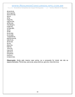www.ResumosConcursos.hpg.com.br
 Resumo: Gramática Completa da Língua Portuguesa   – por   Carlos Alberto S. Baptista

ab-so-lu-to,
ad-vo-ga-do,
ad-no-mi-nal,
ad-vir,
af-ta,
mag-ma,
cog-no-me,
al-fai-a-te,
nos-tal-gi-a,
e-gíp-cio,
re-cep-ção,
ap-to,
ar-far,
ex-su-dar,
ex-ce-ção,
 tungs-tê-nio,
pers-pi-cá-cia,
sols-tí-cio,
ab-di-car,
ac-ne,
drac-ma,
Daf-ne,
 ét-ni-co,
nup-ci-al,
abs-tra-ir,
ins-pe-tor,
ins-tru-ir,
in-ters-tí-cio.

Observação: Ainda pelo mesmo caso acima, se a consoante for inicial, ela não se
separa.Exemplos: Pto-lo-meu, psi-co-se, pneu-má-ti-co, gno-mo, mne-mô-ni-ca.




                                       44
 