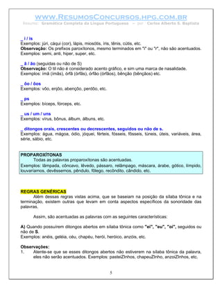 www.ResumosConcursos.hpg.com.br
 Resumo: Gramática Completa da Língua Portuguesa          – por   Carlos Alberto S. Baptista



_ i / is
Exemplos: júri, cáqui (cor), lápis, miosótis, íris, tênis, cútis, etc.
Observação: Os prefixos paroxítonos, mesmo terminados em "i" ou "r", não são acentuados.
Exemplos: semi, anti, hiper, super, etc.

_ ã / ão (seguidas ou não de S)
Observação: O til não é considerado acento gráfico, e sim uma marca de nasalidade.
Exemplos: ímã (ímãs), órfã (órfãs), órfão (órfãos), bênção (bênçãos) etc.

_ ôo / ôos
Exemplos: vôo, enjôo, abençôo, perdôo, etc.

_ ps
Exemplos: bíceps, fórceps, etc.

_ us / um / uns
Exemplos: vírus, bônus, álbum, álbuns, etc.

_ ditongos orais, crescentes ou decrescentes, seguidos ou não de s.
Exemplos: água, mágoa, ódio, jóquei, férteis, fósseis, fôsseis, túneis, úteis, variáveis, área,
série, sábio, etc.


PROPAROXÍTONAS
       Todas as palavras proparoxítonas são acentuadas.
Exemplos: lâmpada, côncavo, lêvedo, pássaro, relâmpago, máscara, árabe, gótico, límpido,
louvaríamos, devêssemos, pêndulo, fôlego, recôndito, cândido, etc.



REGRAS GENÉRICAS
      Além dessas regras vistas acima, que se baseiam na posição da sílaba tônica e na
terminação, existem outras que levam em conta aspectos específicos da sonoridade das
palavras.

      Assim, são acentuadas as palavras com as seguintes características:

A) Quando possuírem ditongos abertos em sílaba tônica como "ei", "eu", "oi", seguidos ou
não de S.
Exemplos: anéis, geléia, céu, chapéu, herói, heróico, anzóis, etc.

Observações:
1.   Atente-se que se esses ditongos abertos não estiverem na sílaba tônica da palavra,
     eles não serão acentuados. Exemplos: pasteiZInhos, chapeuZInho, anzoiZInhos, etc.


                                              5
 