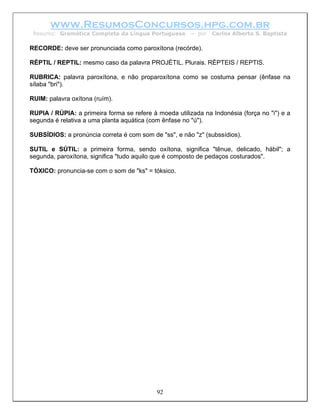 www.ResumosConcursos.hpg.com.br
 Resumo: Gramática Completa da Língua Portuguesa        – por   Carlos Alberto S. Baptista

RECORDE: deve ser pronunciada como paroxítona (recórde).

RÉPTIL / REPTIL: mesmo caso da palavra PROJÉTIL. Plurais. RÉPTEIS / REPTIS.

RUBRICA: palavra paroxítona, e não proparoxítona como se costuma pensar (ênfase na
sílaba "bri").

RUIM: palavra oxítona (ruím).

RUPIA / RÚPIA: a primeira forma se refere à moeda utilizada na Indonésia (força no "i") e a
segunda é relativa a uma planta aquática (com ênfase no "ú").

SUBSÍDIOS: a pronúncia correta é com som de "ss", e não "z" (subssídios).

SUTIL e SÚTIL: a primeira forma, sendo oxítona, significa "tênue, delicado, hábil"; a
segunda, paroxítona, significa "tudo aquilo que é composto de pedaços costurados".

TÓXICO: pronuncia-se com o som de "ks" = tóksico.




                                            92
 