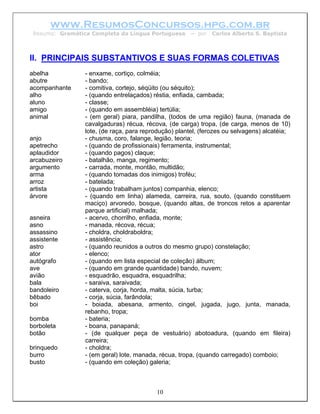 www.ResumosConcursos.hpg.com.br
 Resumo: Gramática Completa da Língua Portuguesa       – por   Carlos Alberto S. Baptista



II. PRINCIPAIS SUBSTANTIVOS E SUAS FORMAS COLETIVAS
abelha           - enxame, cortiço, colméia;
abutre           - bando;
acompanhante     - comitiva, cortejo, séqüito (ou séquito);
alho             - (quando entrelaçados) réstia, enfiada, cambada;
aluno            - classe;
amigo            - (quando em assembléia) tertúlia;
animal           - (em geral) piara, pandilha, (todos de uma região) fauna, (manada de
                 cavalgaduras) récua, récova, (de carga) tropa, (de carga, menos de 10)
                 lote, (de raça, para reprodução) plantel, (ferozes ou selvagens) alcatéia;
anjo             - chusma, coro, falange, legião, teoria;
apetrecho        - (quando de profissionais) ferramenta, instrumental;
aplaudidor       - (quando pagos) claque;
arcabuzeiro      - batalhão, manga, regimento;
argumento        - carrada, monte, montão, multidão;
arma             - (quando tomadas dos inimigos) troféu;
arroz            - batelada;
artista          - (quando trabalham juntos) companhia, elenco;
árvore           - (quando em linha) alameda, carreira, rua, souto, (quando constituem
                 maciço) arvoredo, bosque, (quando altas, de troncos retos a aparentar
                 parque artificial) malhada;
asneira          - acervo, chorrilho, enfiada, monte;
asno             - manada, récova, récua;
assassino        - choldra, choldraboldra;
assistente       - assistência;
astro            - (quando reunidos a outros do mesmo grupo) constelação;
ator             - elenco;
autógrafo        - (quando em lista especial de coleção) álbum;
ave              - (quando em grande quantidade) bando, nuvem;
avião            - esquadrão, esquadra, esquadrilha;
bala             - saraiva, saraivada;
bandoleiro       - caterva, corja, horda, malta, súcia, turba;
bêbado           - corja, súcia, farândola;
boi              - boiada, abesana, armento, cingel, jugada, jugo, junta, manada,
                 rebanho, tropa;
bomba            - bateria;
borboleta        - boana, panapaná;
botão            - (de qualquer peça de vestuário) abotoadura, (quando em fileira)
                 carreira;
brinquedo        - choldra;
burro            - (em geral) lote, manada, récua, tropa, (quando carregado) comboio;
busto            - (quando em coleção) galeria;



                                          10
 