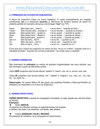 www.ResumosConcursos.hpg.com.br
 Resumo: Gramática Completa da Língua Portuguesa           – por    Carlos Alberto S. Baptista

4. FORMAÇÃO DO FUTURO DO SUBJUNTIVO.

O futuro do subjuntivo indica um futuro hipotético. É usado principalmente em orações
condicionais (se...) e temporais (quando...). Deriva-se da terceira pessoa do plural do
pretérito perfeito do indicativo (troca-se a terminação "ram" por "r").

Fazer:       Eles fize(-ram) _ fize(+r)         = se eu fizer... / quando eu fizer...;
Trazer:      Eles trouxe(-ram) _ trouxe(+r)     = se eu trouxer... / quando eu trouxer...;
Querer:      Eles quise(-ram) _ quise(+r)       = se eu quiser... / quando eu quiser...;
Dizer:       Eles disse(-ram) _ disse(+r)       = se eu disser... / quando eu disser...;
Pôr:         Eles puse(-ram) _ puse(+r)         = se eu puser... / quando eu puser...;
Ser e Ir:    Eles fo(-ram) _ fo(+r)             = se eu for... / quando eu for...;
Vir:         Eles vie(-ram) _ vie(+r)           = se eu vier... / quando eu vier;
Ver:         Eles vi(-ram) _ vi(+r)             = se eu vir... / quando eu vir...

É por isso que o futuro do subjuntivo do verbo ver fica: "se eu vir o filme"; "quando você vir o
resultado do teste"; "quando nos virmos novamente"; "se vocês virem a verdade"...



5. VERBOS ANÔMALOS.

São chamados de anômalos os verbos de grandes irregularidades nos seus radicais, que
são formados a partir de diferentes verbos.

Verbo SER (originário das formas latinas "sedere" e "esse"): sou, és, é, somos, sois, são.

Verbo IR (originário das formas latinas "ire", "vadere" e "fugere"): vou, vais, vá... irei, irás,
irá... fui, foste, foi...

Observação: Os verbos SER e IR são iguais nos pretéritos Perfeito e Mais-que-Perfeito do
Indicativo; no Imperfeito e no Futuro do Subjuntivo.



6. VERBOS DEFECTIVOS.

VERBO DEFECTIVO é aquele de conjugação incompleta, ou seja, aquele que não tem todas
as formas.
Exemplos:
       Verbo ABOLIR.
O presente do indicativo começa na segunda pessoa do singular:
tu aboles, ele abole, nós abolimos, vós abolis, eles abolem.

      Verbos ADEQUAR, FALIR e REAVER.
No presente do indicativo, só é conjugado em duas formas:


                                              152
 