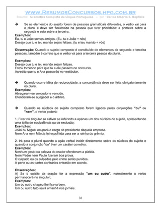 www.ResumosConcursos.hpg.com.br
 Resumo: Gramática Completa da Língua Portuguesa         – por   Carlos Alberto S. Baptista

       Se os elementos do sujeito forem de pessoas gramaticais diferentes, o verbo vai para
       o plural e deve ser flexionado na pessoa que tiver prioridade: a primeira sobre a
       segunda e esta sobre a terceira.
Exemplos:
Eu, tu e João somos amigos. (Eu, tu e João = nós)
Desejo que tu e teu marido sejais felizes. (tu e teu marido = vós)

Observação: Quando o sujeito composto é constituído de elementos da segunda e terceira
pessoas, também é correto que o verbo vá para a terceira pessoa do plural.

Exemplos:
Desejo que tu e teu marido sejam felizes.
Estou torcendo para que tu e ele passem no concurso.
Acredito que tu e Ana passarão no vestibular.


      Quando ocorre idéia de reciprocidade, a concordância deve ser feita obrigatoriamente
      no plural.
Exemplos:
Abraçaram-se vencedor e vencido.
Ofenderam-se o jogador e o árbitro.


      Quando os núcleos do sujeito composto forem ligados pelas conjunções "ou" ou
      "nem", o verbo poderá:

1. Ficar no singular se estiver se referindo a apenas um dos núcleos do sujeito, apresentando
uma idéia de equivalência ou de exclusão;
Exemplos:
João ou Miguel ocupará o cargo de presidente daquela empresa.
Nem Ana nem Márcia foi escolhida para ser a rainha do grêmio.

2. Irá para o plural quando a ação verbal incidir diretamente sobre os núcleos do sujeito e
quando a conjunção "ou" tiver um caráter corretivo.
Exemplos:
Nenhum gesto ou palavra do orador ofenderam a platéia.
Nem Pedro nem Paulo fizeram boa prova.
O culpado ou os culpados pelo crime serão punidos.
A parte ou as partes contrárias entrarão em acordo.

Observações:
A) Se o sujeito da oração for a expressão "um ou outro", normalmente o verbo
permanecerá no singular;
Exemplos:
Um ou outro chapéu lhe ficava bem.
Um ou outro fato sairá amanhã nos jornais.


                                             36
 