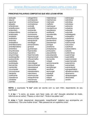 www.ResumosConcursos.hpg.com.br
 Resumo: Gramática Completa da Língua Portuguesa       – por   Carlos Alberto S. Baptista

PRINCIPAIS PALAVRAS COMPOSTAS QUE NÃO LEVAM HÍFEM.

abdução               cologarítimo             malandança            sobrecapa
abjurar               contrabando              malcheiroso           sobreface
aguarraz              contracheque             malcriado             sobreloja
alçapão               contradança              malfeitor             sobretaxa
antecâmara            contrafé                 malmequer             sobrevôo
antediluviano         contrafilé               mandachuva            subaéreo
anteontem             contramão                neoclássico           subaxilar
antepenúltimo         contraprova              neoliberal            subchefe
anteprojeto           contravento              neozelandês           subdelegado
antiaéreo             extraconjugal            oblongo               subepático
antibiótico           extracurricular          panarmônico           subestimar
anticristo            extrajudicial            pandemônio            subgerente
antiestético          extralegal               passatempo            suborizontal
antiinflacionário     extraordinário           pontapé               subumano
antiinflamatório      girassol                 protofonia            suboficial
antiofídico           guardanapo               protoplasma           subsecretário
arquidiocese          hiperacidez              protozoário           subsolo
arquiduque            hiperativo               pseudofobia           subterrâneo
arquiinimigo          hipermercado             pseudopoeta           superamigo
autobiografia         hipersensível            pseudoprofeta         superatleta
autocontrole          infravermelho            reviravolta           supercondutor
autodidata            interação                rodapé                supermercado
autolotação           intercolegial            semiconsoante         supersônico
bancarrota            intercontinental         semideus              supracitado
cantochão             interestadual            semiditongo           supranatural
circumpolar           interestelar             semifinal             suprapartidário
circunscrever         interplanetário          semivogal             ultrademocrático
clarabóia             interurbano              sobalçar              ultramarino
coeficiente           intramuscular            sobestar              ultrapassagem
coessência            intrapulmonar            sobpor                ultravioleta
cohabitar             intravenoso              sobreaviso            vaivém
coirmão               madrepérola


NOTA: a expressão "à toa" pode ser escrita com ou sem hífen, dependendo do seu
significado:

1. à toa = "a esmo, ao acaso, sem fazer nada, em vão" (locução adverbial de modo,
referindo-se ao verbo): "Passou a vida à toa"; "Anda à toa pelas ruas";

2. à-toa = "inútil, desprezível, desocupado, insignificante" (adjetivo que acompanha um
substantivo): "Era uma mulher à-toa"; "Não passava de um sujeitinho à-toa".




                                          53
 