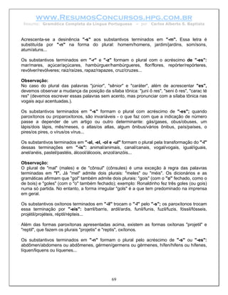 www.ResumosConcursos.hpg.com.br
 Resumo: Gramática Completa da Língua Portuguesa           – por   Carlos Alberto S. Baptista



Acrescenta-se a desinência "-s" aos substantivos terminados em "-m". Essa letra é
substituída por "-n" na forma do plural: homem/homens, jardim/jardins, som/sons,
atum/atuns...

Os substantivos terminados em "-r" e "-z" formam o plural com o acréscimo de "-es":
mar/mares, açúcar/açúcares, hambúrguer/hambúrgueres, flor/flores, repórter/repórteres,
revólver/revólveres; raiz/raízes, rapaz/rapazes, cruz/cruzes...

Observação:
No caso do plural das palavras "júnior", "sênior" e "caráter", além de acrescentar "es",
devemos observar a mudança da posição da sílaba tônica: "juni ô res", "seni ô res", "carac té
res" (devemos escrever essas palavras sem acento, mas pronunciar com a sílaba tônica nas
vogais aqui acentuadas.).

Os substantivos terminados em "-s" formam o plural com acréscimo de "-es"; quando
paroxítonos ou proparoxítonos, são invariáveis - o que faz com que a indicação de número
passe a depender de um artigo ou outro determinante: gás/gases, obus/obuses, um
lápis/dois lápis, mês/meses, o atlas/os atlas, algum ônibus/vários ônibus, país/países, o
pires/os pires, o vírus/os vírus...

Os substantivos terminados em "-al, -el, -ol e -ul" formam o plural pela transformação do "-l"
dessas terminações em "-is": animal/animais, canal/canais, vogal/vogais, igual/iguais,
anel/anéis, pastel/pastéis, álcool/álcoois, anzol/anzóis...

Observação:
O plural de "mal" (males) e de "cônsul" (cônsules) é uma exceção à regra das palavras
terminadas em "l". Já "mel" admite dois plurais: "meles" ou "méis". Os dicionários e as
gramáticas afirmam que "gol" também admite dois plurais: "gois" (com o "o" fechado, como o
de bois) e "goles" (com o "o" também fechado); exemplo: Ronaldinho fez três goles (ou gois)
numa só partida. No entanto, a forma irregular "gols" é a que tem predominado na imprensa
em geral.

Os substantivos oxítonos terminados em "-il" trocam o "-l" pelo "-s"; os paroxítonos trocam
essa terminação por "-eis": barril/barris, ardil/ardis, funil/funis, fuzil/fuzis, fóssil/fósseis,
projétil/projéteis, réptil/répteis...

Além das formas paroxítonas apresentadas acima, existem as formas oxítonas "projetil" e
"reptil", que fazem os plurais "projetis" e "reptis", oxítonos.

Os substantivos terminados em "-n" formam o plural pelo acréscimo de "-s" ou "-es":
abdômen/abdomens ou abdômenes, gérmen/germens ou gérmenes, hífen/hifens ou hífenes,
líquen/liquens ou líquenes...




                                               69
 