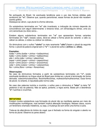 www.ResumosConcursos.hpg.com.br
 Resumo: Gramática Completa da Língua Portuguesa        – por   Carlos Alberto S. Baptista

No português do Brasil, há acentuada tendência para o uso das formas obtidas pelo
acréscimo de "-s". Observe que, quando paroxítonas, essas formas de plural não recebem
acento gráfico.
Destaque-se cânon, cujo plural é a forma cânones.

Os substantivos terminados em "-x" são invariáveis; a indicação de número depende da
concordância com algum determinante: o tórax/os tórax, um climax/alguns climax, uma (ou
um) xerox/duas (ou dois) xerox...

Existem alguns substantivos terminados em "-x" que apresentam formas variantes
terminadas em "-ce"; nesses casos, deve-se utilizar a forma plural da variante: o cálix ou
cálice/ os cálices, o códex ou códice/ os códices...

Os diminutivos com o sufixo "-zinho" (e mais raramente "-zito") fazem o plural da seguinte
forma: o plural da palavra original sem o "s" + o plural do sufixo (-zinhos ou -zitos).

Exemplos:
botão + zinho (botõe + zinhos = botõezinhos)
balão + zinho (balõe + zinhos = balõezinhos)
pão + zinho (pãe + zinhos = pãezinhos)
papel + zinho (papei + zinhos = papeizinhos)
anzol + zinho (anzoi + zinhos = anzoizinhos)
colar + zinho (colare + zinhos = colarezinhos)
flor + zinha (flore + zinhas = florezinhas)

Observações:
No caso de diminutivos formados a partir de substantivos terminados em "-r", existe
acentuada tendência na língua atual do Brasil para limitar-se o plural à terminação da forma
derivada: colarzinho/colarzinhos, florzinha/florzinhas, mulherzinha/mulherzinhas. Essa forma
de plural, no entanto, é repudiada pela norma culta.

No caso das palavras luzinha e cruzinha, o sufixo para o diminutivo é "inho" (a letra "z"
pertence à raiz da palavra). Não se aplica, portanto, a regra acima. Basta pôr a desinência
"s": luzinhas e cruzinhas.



METAFONIA
Existem muitos substantivos cuja formação do plural não se manifesta apenas por meio de
modificações morfológicas, mas também implica alteração fonológica. Nesses casos, ocorre
um fenômeno chamado metafonia, ou seja, a mudança de som entre uma forma e outra.

Trata-se da alternância do timbre da vogal, que é fechado na forma do singular e aberto na
forma do plural. Observe os pares abaixo:




                                                 70
 