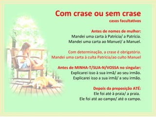 Com crase ou sem crase

casos facultativos

Antes de nomes de mulher:
Mandei uma carta à Patrícia/ a Patrícia.
Mandei uma carta ao Manuel/ a Manuel.
Com determinação, a crase é obrigatória.
Mandei uma carta à culta Patrícia/ao culto Manuel
Antes de MINHA-T/SUA-N/VOSSA no singular:
Explicarei isso à sua irmã/ ao seu irmão.
Explicarei isso a sua irmã/ a seu irmão.
Depois da preposição ATÉ:
Ele foi até à praia/ a praia.
Ele foi até ao campo/ até o campo.

 