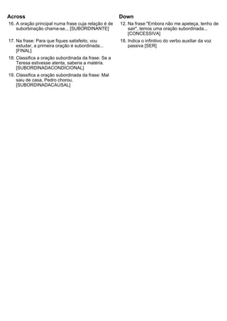 Across                                                Down
16. A oração principal numa frase cuja relação é de   12. Na frase:"Embora não me apeteça, tenho de
    suborbinação chama-se... [SUBORDINANTE]               sair", temos uma oração subordinada...
                                                          [CONCESSIVA]
17. Na frase: Para que fiques satisfeito, vou         18. Indica o infinitivo do verbo auxiliar da voz
    estudar, a primeira oração é subordinada...           passiva [SER]
    [FINAL]
18. Classifica a oração subordinada da frase: Se a
    Teresa estivesse atenta, saberia a matéria.
    [SUBORDINADACONDICIONAL]
19. Classifica a oração subordinada da frase: Mal
    saiu de casa, Pedro chorou.
    [SUBORDINADACAUSAL]
 