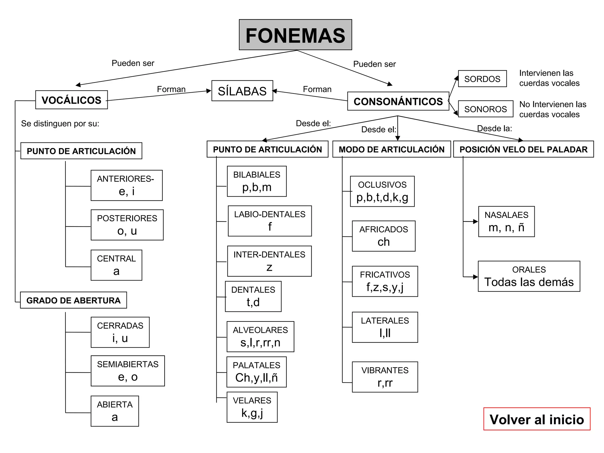 VOCÁLICOS Pueden ser CONSONÁNTICOS SÍLABAS Pueden ser PUNTO DE ARTICULACIÓN GRADO DE ABERTURA Se distinguen por su: ANTERIORES-  e, i POSTERIORES o, u CENTRAL a CERRADAS i, u SEMIABIERTAS e, o ABIERTA a Forman PUNTO DE ARTICULACIÓN MODO DE ARTICULACIÓN POSICIÓN VELO DEL PALADAR SORDOS SONOROS BILABIALES p,b,m LABIO-DENTALES f INTER-DENTALES z DENTALES t,d ALVEOLARES s,l,r,rr,n PALATALES Ch,y,ll,ñ VELARES k,g,j OCLUSIVOS p,b,t,d,k,g AFRICADOS ch FRICATIVOS f,z,s,y,j LATERALES l,ll VIBRANTES r,rr ORALES Todas las demás NASALAES m, n, ñ Desde el: Desde el: Desde la: Intervienen las  cuerdas vocales No Intervienen las  cuerdas vocales Forman FONEMAS Volver al inicio 