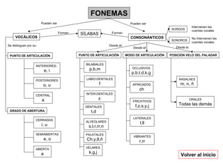 VOCÁLICOS Pueden ser CONSONÁNTICOS SÍLABAS Pueden ser PUNTO DE ARTICULACIÓN GRADO DE ABERTURA Se distinguen por su: ANTERIORES-  e, i POSTERIORES o, u CENTRAL a CERRADAS i, u SEMIABIERTAS e, o ABIERTA a Forman PUNTO DE ARTICULACIÓN MODO DE ARTICULACIÓN POSICIÓN VELO DEL PALADAR SORDOS SONOROS BILABIALES p,b,m LABIO-DENTALES f INTER-DENTALES z DENTALES t,d ALVEOLARES s,l,r,rr,n PALATALES Ch,y,ll,ñ VELARES k,g,j OCLUSIVOS p,b,t,d,k,g AFRICADOS ch FRICATIVOS f,z,s,y,j LATERALES l,ll VIBRANTES r,rr ORALES Todas las demás NASALAES m, n, ñ Desde el: Desde el: Desde la: Intervienen las  cuerdas vocales No Intervienen las  cuerdas vocales Forman FONEMAS Volver al inicio 