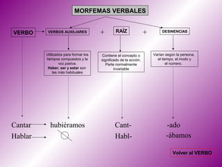 MORFEMAS VERBALES


VERBO     VERBOS AUXILIARES           +        RAÍZ               +        DESINENCIAS




         Utilizados para formar los   Contiene el concepto o          Varían según la persona,
         tiempos compuestos y la      significado de la acción.         el tiempo, el modo y
                 voz pasiva.             Parte normalmente                    el número.
          Haber, ser y estar son              invariable
             las más habituales




Cantar     hubiéramos                         Cant-                          -ado
Hablar                                        Habl-                          -ábamos

                                                                                 Volver al VERBO
 