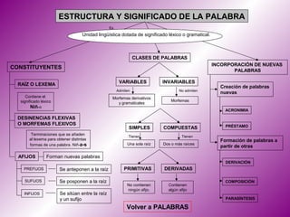ESTRUCTURA Y SIGNIFICADO DE LA PALABRA
                                                  Es
                                     Unidad lingüística dotada de significado léxico o gramatical.



                                                                 CLASES DE PALABRAS
                                                                                                     INCORPORACIÓN DE NUEVAS
CONSTITUYENTES
                                                                                                            PALABRAS

                                                        VARIABLES           INVARIABLES
  RAÍZ O LEXEMA                                                                                        Creación de palabras
                                                       Admiten                      No admiten
                                                                                                       nuevas
      Contiene el                                  Morfemas derivativos
   significado léxico                                                           Morfemas
                                                     y gramaticales
         Niñ-o
                                                                                                         ACRONIMIA
  DESINENCIAS FLEXIVAS
  O MORFEMAS FLEXIVOS                                                                                    PRÉSTAMO
                                                             SIMPLES        COMPUESTAS
         Terminaciones que se añaden                         Tienen                  Tienen
        al lexema para obtener distintas                                                               Formación de palabras a
        formas de una palabra. Niñ-a-s                      Una sola raíz   Dos o más raíces
                                                                                                       partir de otras

  AFIJOS          Forman nuevas palabras
                                                                                                         DERIVACIÓN
     PREFIJOS           Se anteponen a la raíz            PRIMITIVAS        DERIVADAS

     SUFIJOS            Se posponen a la raíz                                                            COMPOSICIÓN
                                                            No contienen      Contienen
                                                            ningún afijo.     algún afijo
     INFIJOS            Se sitúan entre la raíz
                        y un sufijo                                                                      PARASÍNTESIS

                                                            Volver a PALABRAS
 