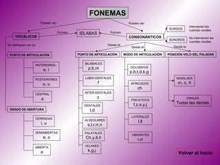 FONEMAS
                        Pueden ser                                            Pueden ser
                                                                                                                  Intervienen las
                                                                                                   SORDOS         cuerdas vocales
                                     Forman   SÍLABAS            Forman
     VOCÁLICOS                                                                CONSONÁNTICOS                       No Intervienen las
                                                                                                   SONOROS
                                                                                                                  cuerdas vocales
Se distinguen por su:                                           Desde el:
                                                                                Desde el:             Desde la:

 PUNTO DE ARTICULACIÓN                        PUNTO DE ARTICULACIÓN         MODO DE ARTICULACIÓN   POSICIÓN VELO DEL PALADAR


                    ANTERIORES-                  BILABIALES
                                                   p,b,m                       OCLUSIVOS
                            e, i
                                                                               p,b,t,d,k,g
                    POSTERIORES                   LABIO-DENTALES                                       NASALAES

                         o, u                              f                   AFRICADOS                m, n, ñ
                                                                                    ch
                    CENTRAL                      INTER-DENTALES

                        a                                  z                                                  ORALES
                                                                                FRICATIVOS
                                                                                 f,z,s,y,j             Todas las demás
                                                 DENTALES
 GRADO DE ABERTURA                                  t,d
                                                                                LATERALES
                    CERRADAS
                                                 ALVEOLARES                         l,ll
                        i, u                       s,l,r,rr,n
                    SEMIABIERTAS                 PALATALES
                                                                                VIBRANTES
                         e, o                     Ch,y,ll,ñ                         r,rr
                    ABIERTA                      VELARES

                        a                          k,g,j
                                                                                                         Volver al inicio
 