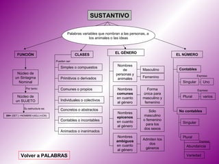 SUSTANTIVO

                                         Palabras variables que nombran a las personas, a
                                                      los animales o las ideas



                                                                     EL GÉNERO
        FUNCIÓN                                CLASES                                              EL NÚMERO
                                 Pueden ser:
                                                                      Nombres
                                    Simples o compuestos
                                                                         de          Masculino      Contables
       Núcleo de                                                     personas y                                 Expresa:
      un Sintagma                   Primitivos o derivados            animales       Femenino
        Nominal                                                                                      Singular       Uno
              Por tanto:            Comunes o propios                 Nombres           Forma                   Expresa:
                                                                      comunes        única para
        Núcleo de                                                     en cuanto      masculino y     Plural         varios
       un SUJETO                    Individuales o colectivos
                                                                      al género       femenino
             Su estructura es:
                                    Concretos o abstractos                               Sólo       No contables
                                                                      Nombres
SN= (DET.) +NOMBRE+(ADJ.)+(CN)                                                       masculino
                                                                      epicenos
                                    Contables o incontables                          o femenino
                                                                      en cuanto                      Singular
                                                                                       para los
                                                                      al género
                                                                                     dos sexos
                                    Animados o inanimados
                                                                      Nombres                        Plural
                                                                     ambiguos        Admiten los
                                                                                                                 Expresa:
                                                                                        dos
                                                                     en cuanto                         Abundancia
                                                                                      géneros
                                                                     al género
          Volver a PALABRAS                                                                            Variedad
 