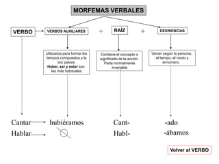 MORFEMAS VERBALES
Utilizados para formar los
tiempos compuestos y la
voz pasiva.
Haber, ser y estar son
las más habituales
VERBO RAÍZ DESINENCIAS
VERBOS AUXILIARES + +
Varían según la persona,
el tiempo, el modo y
el número.
Cantar hubiéramos Cant- -ado
Hablar Habl- -ábamos
Volver al VERBO
Contiene el concepto o
significado de la acción.
Parte normalmente
invariable
 
