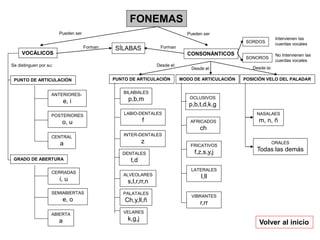 VOCÁLICOS
Pueden ser
CONSONÁNTICOS
SÍLABAS
Pueden ser
PUNTO DE ARTICULACIÓN
GRADO DE ABERTURA
Se distinguen por su:
ANTERIORES-
e, i
POSTERIORES
o, u
CENTRAL
a
CERRADAS
i, u
SEMIABIERTAS
e, o
ABIERTA
a
Forman
PUNTO DE ARTICULACIÓN MODO DE ARTICULACIÓN POSICIÓN VELO DEL PALADAR
SORDOS
SONOROS
BILABIALES
p,b,m
LABIO-DENTALES
f
INTER-DENTALES
z
DENTALES
t,d
ALVEOLARES
s,l,r,rr,n
PALATALES
Ch,y,ll,ñ
VELARES
k,g,j
OCLUSIVOS
p,b,t,d,k,g
AFRICADOS
ch
FRICATIVOS
f,z,s,y,j
LATERALES
l,ll
VIBRANTES
r,rr
ORALES
Todas las demás
NASALAES
m, n, ñ
Desde el:
Desde el: Desde la:
Intervienen las
cuerdas vocales
No Intervienen las
cuerdas vocales
Forman
FONEMAS
Volver al inicio
 