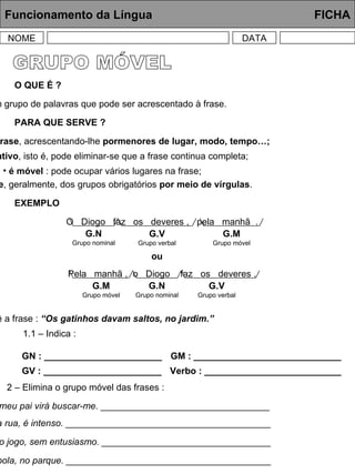 Funcionamento da Língua     FICHA NOME DATA É um grupo de palavras que pode ser acrescentado à frase. GRUPO MÓVEL O QUE É ? enriquece a frase , acrescentando-lhe  pormenores de lugar, modo, tempo…; PARA QUE SERVE ? é facultativo , isto é, pode eliminar-se que a frase continua completa; é móvel  : pode ocupar vários lugares na frase;  separa-se , geralmente, dos grupos obrigatórios  por meio de vírgulas . EXEMPLO O  Diogo  faz  os  deveres ,  pela  manhã  . G.N Grupo nominal G.V Grupo verbal G.M Grupo móvel Pela  manhã ,  o  Diogo  faz  os  deveres . G.N Grupo nominal G.V Grupo verbal G.M Grupo móvel ou 1.1 – Indica : GN : _______________________ GV : _______________________ GM : ______________________________ Verbo : ____________________________ 1 – Lê a frase :  “Os gatinhos davam saltos, no jardim.” 2 – Elimina o grupo móvel das frases : Ao meio-dia, o meu pai virá buscar-me. _________________________________ O trânsito, nesta rua, é intenso. ________________________________________ A Margarida vê o jogo, sem entusiasmo. _________________________________ O Jorge joga à bola, no parque. ________________________________________ 