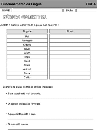 NÚMERO GRAMATICAL Funcionamento da Língua     FICHA NOME DATA 1 – Completa o quadro, escrevendo o plural das palavras : Singular Pai Professor Cidade Nível Atum Réptil Plural Covil Cantil Animal 2 – Escreve no plural as frases abaixo indicadas. Este papel está mal dobrado. O açúcar agrada às formigas. Aquele botão está a cair. O mar está calmo. Portal Calão 