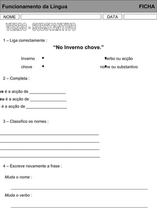 VERBO - SUBSTANTIVO Funcionamento da Língua     FICHA NOME DATA 1 – Liga correctamente : “ No Inverno chove.” Inverno chove verbo ou acção nome ou substantivo 2 – Completa : Chove  é a acção de ________________ Comeu  é a acção de ________________ Lavei  é a acção de __________________ 3 – Classifico os nomes : Inverno  _______________________________________________________ casa  __________________________________________________________ borboletas  _____________________________________________________ cardume  _______________________________________________________ 4 – Escreve novamente a frase : Muda o nome : Muda o verbo : 