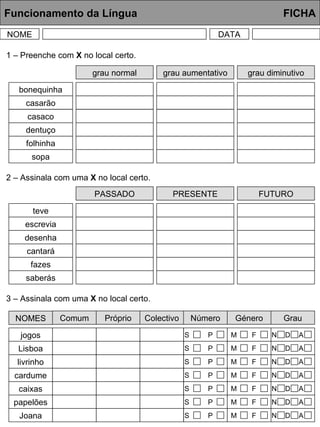 Funcionamento da Língua     FICHA NOME DATA grau normal grau aumentativo grau diminutivo bonequinha casarão casaco dentuço folhinha sopa 1 – Preenche com  X  no local certo. 2 – Assinala com uma  X  no local certo. PASSADO PRESENTE FUTURO teve escrevia desenha cantará fazes saberás 3 – Assinala com uma  X  no local certo. NOMES jogos Lisboa livrinho cardume caixas papelões Joana Comum Próprio Colectivo Número Género Grau S P S P S P S P S P S P S P M F M F M F M F M F M F M F N D N D N D N D N D N D N D A A A A A A A 