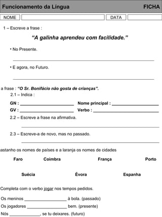 Funcionamento da Língua     FICHA NOME DATA 1 – Escreve a frase : 2 – Lê a frase :  “O Sr. Bonifácio não gosta de crianças”. 2.1 – Indica : GN : _______________________ GV : _______________________ Nome principal : ____________________ Verbo : ____________________________ 2.2 – Escreve a frase na afirmativa. 2.3 – Escreve-a de novo, mas no passado. 3 – Sublinha a castanho os nomes de países e a laranja os nomes de cidades Faro Coimbra França Porto Suécia Évora Espanha 4 – Completa com o verbo  jogar  nos tempos pedidos. Os meninos __________________ à bola. (passado) Os jogadores _________________ bem. (presente) Nós _____________, se tu deixares. (futuro) “ A galinha aprendeu com facilidade.” No Presente. E agora, no Futuro. 