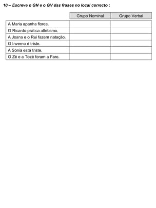 10 – Escreve o GN e o GV das frases no local correcto : A Maria apanha flores. O Ricardo pratica atletismo. A Joana e o Rui fazem natação. O Inverno é triste. Grupo Nominal Grupo Verbal A Sónia está triste. O Zé e a Tozé foram a Faro. 