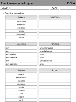Funcionamento da Língua     FICHA NOME DATA Palavra pedacinho caminhar espreitar basta sossegado iniciar 1 – Completa os quadros. O MESMO Masculino um um um pianista um carneiro um um guerreiro Feminino uma marquesa  uma bailarina uma uma uma duquesa  uma Singular pardal malabarista rapazes domador irmão homem Plural um pastel covil 
