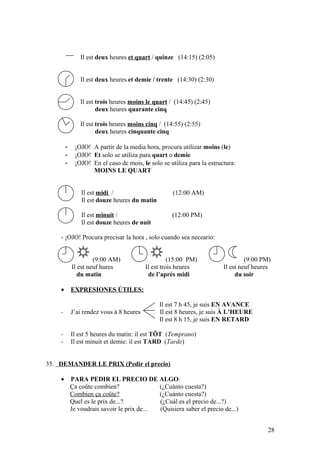 Il est deux heures et quart / quinze (14:15) (2:05)
Il est deux heures et demie / trente (14:30) (2:30)
Il est trois heures moins le quart / (14:45) (2:45)
deux heures quarante cinq
Il est trois heures moins cinq / (14:55) (2:55)
deux heures cinquante cinq
- ¡OJO! A partir de la media hora, procura utilizar moins (le)
- ¡OJO! Et solo se utiliza para quart o demie
- ¡OJO! En el caso de mois, le solo se utiliza para la estructura:
MOINS LE QUART
Il est midi / (12:00 AM)
Il est douze heures du matin
Il est minuit / (12:00 PM)
Il est douze heures de nuit
- ¡OJO! Procura precisar la hora , solo cuando sea neceario:
(9:00 AM) (15:00 PM) (9:00 PM)
Il est neuf hures Il est trois heures Il est neuf heures
du matin de l’après midi du soir
• EXPRESIONES ÚTILES:
Il est 7 h 45, je suis EN AVANCE
- J’ai rendez vous à 8 heures Il est 8 heures, je suis À L’HEURE
Il est 8 h 15, je suis EN RETARD
- Il est 5 heures du matin: il est TÔT (Temprano)
- Il est minuit et demie: il est TARD (Tarde)
35. DEMANDER LE PRIX (Pedir el precio)
• PARA PEDIR EL PRECIO DE ALGO:
Ça coûte combien? (¿Cuánto cuesta?)
Combien ça coûte? (¿Cuánto cuesta?)
Quel es le prix de...? (¿Cuál es el precio de...?)
Je voudrais savoir le prix de... (Quisiera saber el precio de...)
28
 