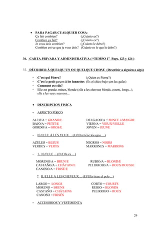 • PARA PAGAR CUALQUIER COSA:
Ça fait combien? (¿Cuánto es?)
Combien ça fait? (¿Cuánto es?)
Je vous dois combien? (¿Cuánto le debo?)
Combien est-ce que je vous dois? (Cuánto es lo que le debo?)
36. CARTA PRIVADA Y ADMINISTRATIVA ( “TEMPO 1” Pags. 123 y 124 )
37. DÉCRIRER À QUELQU’UN OU QUELQUE CHOSE (Describir a alguien o algo)
- C’est qui Pierre? (¿Quien es Pierre?)
- C’est le petit garçon à les lunnettes (Es el chico bajo con las gafas)
- Comment est elle?
- Elle est grande, mince, blonde (elle a les cheveux blonds, courts, longs...),
elle a les yeux marrons...
• DESCRIPCION FISICA
- ASPECTO FÍSICO
ALTO/A = GRAND/E DELGADO/A = MINCE ó MAIGRE
BAJO/A = PETIT/E VIEJO/A = VIEUX/VIELLE
GORDO/A = GROS/E JOVEN = JEUNE
- IL/ELLE A LES YEUX ... (El/Ella tiene los ojos ... )
AZULES = BLEUS NEGROS = NOIRS
VERDES = VERTS MARRONES = MARRONS
- 1. IL/ELLE ... (El/Ella es ... )
MORENO/A = BRUN/E RUBIO/A = BLOND/E
CASTAÑO/A = CHÂTAIN/E PELIRROJO/A = ROUX/ROUSSE
CANOSO/A = FRISÉ/E
2. IL/ELLE A LES CHEVEUX ... (El/Ella tiene el pelo .. )
LARGO = LONGS CORTO = COURTS
MORENO = BRUNS RUBIO = BLONDS
CASTAÑO = CHÂTAINS PELIRROJO = ROUX
CANOSO = FRISÉS
- ACCESORIOS Y VESTIMENTA
29
 