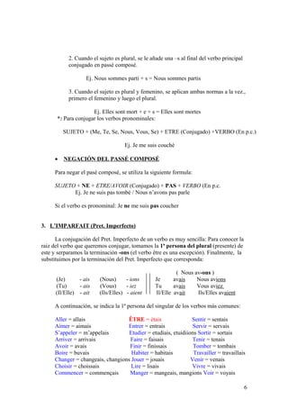 2. Cuando el sujeto es plural, se le añade una –s al final del verbo principal
conjugado en passé composé.
Ej. Nous sommes parti + s = Nous sommes partis
3. Cuando el sujeto es plural y femenino, se aplican ambas normas a la vez.,
primero el femenino y luego el plural.
Ej. Elles sont mort + e + s = Elles sont mortes
*2 Para conjugar los verbos pronominales:
SUJETO + (Me, Te, Se, Nous, Vous, Se) + ETRE (Conjugado) +VERBO (En p.c.)
Ej. Je me suis couché
• NEGACIÓN DEL PASSÉ COMPOSÉ
Para negar el pasé composé, se utiliza la siguiente formula:
SUJETO + NE + ETRE/AVOIR (Conjugado) + PAS + VERBO (En p.c.
Ej. Je ne suis pas tombé / Nous n’avons pas parle
Si el verbo es pronominal: Je ne me suis pas coucher
3. L’IMPARFAIT (Pret. Imperfecto)
La conjugación del Pret. Imperfecto de un verbo es muy sencilla: Para conocer la
raiz del verbo que queremos conjugar, tomamos la 1ª persona del plural (presente) de
este y serparamos la terminación -ons (el verbo être es una escepción). Finalmente, la
substituimos por la terminación del Pret. Imperfecto que corresponda:
( Nous av-ons )
(Je) - ais (Nous) - ions Je avais Nous avions
(Tu) - ais (Vous) - iez Tu avais Vous aviez
(Il/Elle) - ait (Ils/Elles) - aient Il/Elle avait Ils/Elles avaient
A continuación, se indica la 1ª persona del singular de los verbos más comunes:
Aller = allais ÊTRE = étais Sentir = sentais
Aimer = aimais Entrer = entrais Servir = servais
S’appeler = m’appelais Etudier = etudiais, etuidiions Sortir = sortais
Arriver = arrivais Faire = faisais Tenir = tenais
Avoir = avais Finir = finissais Tomber = tombais
Boire = buvais Habiter = habitais Travailler = travaillais
Changer = changeais, changions Jouer = jouais Venir = venais
Choisir = choissais Lire = lisais Vivre = vivais
Commencer = commençais Manger = mangeais, mangions Voir = voyais
6
 