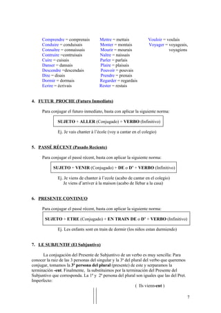 Comprendre = comprenais Mettre = mettais Vouloir = voulais
Conduire = conduisais Monter = montais Voyager = voyageais,
Connaître = connaissais Mourir = mourais voyagions
Contruire =contruisais Naître = naissais
Cuire = cuisais Parler = parlais
Danser = dansais Plaire = plaisais
Descendre =descendais Pouvoir = pouvais
Dire = disais Prendre = prenais
Dormir = dormais Regarder = regardais
Ecrire = écrivais Rester = restais
4. FUTUR PROCHE (Futuro Inmediato)
Para conjugar el futuro inmediato, basta con aplicar la siguiente norma:
SUJETO + ALLER (Conjugado) + VERBO (Infinitivo)
Ej. Je vais chanter à l’école (voy a cantar en el colegio)
5. PASSÉ RÉCENT (Pasado Reciente)
Para conjugar el passé récent, basta con aplicar la siguiente norma:
SUJETO + VENIR (Conjugado) + DE o D’ + VERBO (Infinitivo)
Ej. Je viens de chanter à l’ecole (acabo de cantar en el colegio)
Je viens d’arriver à la maison (acabo de llebar a la casa)
6. PRESENTE CONTINUO
Para conjugar el passé récent, basta con aplicar la siguiente norma:
SUJETO + ETRE (Conjugado) + EN TRAIN DE o D’ + VERBO (Infinitivo)
Ej. Les enfants sont en train de dormir (los niños estan durmiendo)
7. LE SUBJUNTIF (El Subjuntivo)
La conjugación del Presente de Subjuntivo de un verbo es muy sencilla: Para
conocer la raiz de las 3 personas del singular y la 3ª del plural del verbo que queremos
conjugar, tomamos la 3ª persona del plural (presente) de este y serparamos la
terminación -ent. Finalmente, la substituimos por la terminación del Presente del
Subjuntivo que corresponda. La 1ª y 2ª persona del plural son iguales que las del Pret.
Imperfecto:
( Ils vienn-ent )
7
 