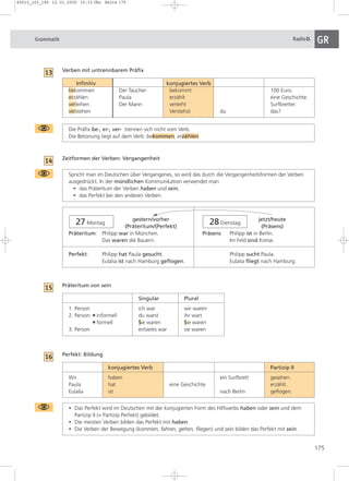 49510_163_185 12.01.2005 15:33 Uhr Seite 175 
Grammatik RadioD. GR 
175 
Verben mit untrennbarem Präfix 
Infinitiv konjugiertes Verb 
bekommen Der Taucher bekommt 100 Euro. 
erzählen Paula erzählt eine Geschichte. 
verleihen Der Mann verleiht Surfbretter. 
verstehen Verstehst du das? 
Zeitformen der Verben: Vergangenheit 
Spricht man im Deutschen über Vergangenes, so wird das durch die Vergangenheitsformen der Verben 
ausgedrückt. In der mündlichen Kommunikation verwendet man 
• das Präteritum der Verben haben und sein, 
• das Perfekt bei den anderen Verben. 
Präteritum von sein 
Perfekt: Bildung 
konjugiertes Verb Partizip II 
Wir haben ein Surfbrett gesehen. 
Paula hat eine Geschichte erzählt. 
Eulalia ist nach Berlin geflogen. 
• Das Perfekt wird im Deutschen mit der konjugierten Form des Hilfsverbs haben oder sein und dem 
Partizip II (= Partizip Perfekt) gebildet. 
• Die meisten Verben bilden das Perfekt mit haben. 
• Die Verben der Bewegung (kommen, fahren, gehen, fliegen) und sein bilden das Perfekt mit sein. 
16 
Singular Plural 
1. Person ich war wir waren 
2. Person: ■ informell du warst ihr wart 
■ formell Sie waren Sie waren 
3. Person er/sie/es war sie waren 
15 
27 gestern/vorher jetzt/heute Montag 
(Präteritum/(Perfekt) 28 Dienstag 
(Präsens) 
Präteritum: Philipp war in München. Präsens: Philipp ist in Berlin. 
Das waren die Bauern. Im Feld sind Kreise. 
Perfekt: Philipp hat Paula gesucht. Philipp sucht Paula. 
Eulalia ist nach Hamburg geflogen. Eulalia fliegt nach Hamburg. 
14 
Die Präfix be-, er-, ver- trennen sich nicht vom Verb. 
Die Betonung liegt auf dem Verb: bekommen, erzählen. 
13 
 