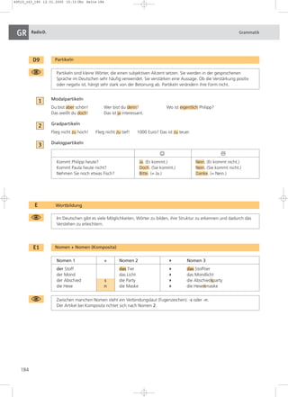 49510_163_185 12.01.2005 15:33 Uhr Seite 184 
GR RadioD. Grammatik 
184 
D9 Partikeln 
Modalpartikeln 
Du bist aber schön! Wer bist du denn? Wo ist eigentlich Philipp? 
Das weißt du doch! Das ist ja interessant. 
Gradpartikeln 
Flieg nicht zu hoch! Flieg nicht zu tief! 1000 Euro? Das ist zu teuer. 
Dialogpartikeln 
Kommt Philipp heute? Ja. (Er kommt.) Nein. (Er kommt nicht.) 
Kommt Paula heute nicht? Doch. (Sie kommt.) Nein. (Sie kommt nicht.) 
Nehmen Sie noch etwas Fisch? Bitte. (= Ja.) Danke. (= Nein.) 
1 
2 
E Wortbildung 
☺  
Im Deutschen gibt es viele Möglichkeiten, Wörter zu bilden, ihre Struktur zu erkennen und dadurch das 
Verstehen zu erleichtern. 
E1 Nomen + Nomen (Komposita) 
Nomen 1 + Nomen 2  Nomen 3 
der Stoff das Tier  das Stofftier 
der Mond das Licht  das Mondlicht 
der Abschied s die Party  die Abschiedsparty 
die Hexe n die Maske  die Hexenmaske 
Zwischen manchen Nomen steht ein Verbindungslaut (Fugenzeichen): -s oder -n. 
Der Artikel bei Komposita richtet sich nach Nomen 2. 
3 
Partikeln sind kleine Wörter, die einen subjektiven Akzent setzen. Sie werden in der gesprochenen 
Sprache im Deutschen sehr häufig verwendet. Sie verstärken eine Aussage. Ob die Verstärkung positiv 
oder negativ ist, hängt sehr stark von der Betonung ab. Partikeln verändern ihre Form nicht. 
 