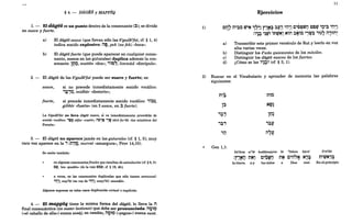 § 4. '- DAGES y MAPP1Q
1. - El diiges es un punto dentro de la consonante (~); se divide
en suave y fuerte.
a) El diiges suave (que llevan sólo las begadkefat, cf. § 1,4)
indica sonido explosivo: iI~, peh (no feh) «boca».
b) El diiges fuerte (que puede aparecer en cualquier conso-
nante, menos en las guturales) duplica además la con-
sonante: lI!l~, mattiin «don»; ,~~~, limmúd «discípulo».
2. - El diiges de las begadkefat puede ser suave y fuerte; es:
suave,
fuerte,
si no precede inmediatamente sonido vocálico:
,~.,~, midbiir «desierto»;
si precede inmediatamente sonido vocálico: ,;~~,
gibbOr «fuerte» (en ~ suave, en ~ fuerte).
La b'gadk'fat no lleva dages suave, s'i va inmediatamente precedida de
sonido vocálico: '~9 safar «contó»; i1V,~ 'j~ sare faroh «los ministros del
Faraón».
3. - El diiges no aparece jamás en las guturales (cf. § 1, 5); muy
rara vez aparece en la , (r'1']9, morrat «amargura», Prov 14,10).
Se omite también:
en algunas consonantes finales que resultan de asimilación (cf. § 8, 3):
Ct', am «pueblo» (de la raíz C~V; cf. § 19, 4b);
a veces, en las consonantes duplicadas que sólo tienen semivocal:
'l:t~1, way'hi (en vez de 'l:t~1, wayy'hi) «sucedió».
Algunos suponen en tales casos duplicación virtual o implícita.
4. - El mappiq tiene la misma forma del diiges; lo lleva la iI
final consonántica (no mater lectionis) que debe ser pronunciada: i10~O
(<<el caballo de ella») suena susáj; en cambio, il9~O (<<yegua») suena s';'sá.
11
Ejercicios
1) CO.J~ X1'~Q tD'~ 1~~1 r,}$~ ~~, ';:171 C'~!?WiJ tQ~U¡ '~'; ';:171
. :"l~ 'lW~ inWN' N~M ~N;~ ',fll~ ,~" M'~iI'
",T T .0: : • : T 'O I • T T :
a) Transcribir este primer versículo de Rut y leerlo en voz
alta varias veces.
b) Distinguir los sewas quiescf!ntes de los móviles.
c) Distinguir los diiges suaves de los fuertes.
d) ¿Cómo se lee "~:;? (cf. § 3, 1).
2) Buscar en el Vocabulario y aprender de memoria las palabras
siguientes:
<
X1~~ X1~~
1; Nflll
T T
,~,
1tj~
T T
,~:t '~l'
- T
,iJ M'l'
T T
.. Gen 1,1:
ha'are,! w"et hassamáyim 'et "lohim bara' b're'slt
<
C'ii'N X1'tDN'~
:r,~V 1"lN' C'OWiI 1"l~ N'~
.0 : • - T -
., T T .. 1
la-tierra. a-y los-cielos a Dios creó En-el-principio
 