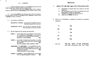 12
§ 5. - ACENTOS
1. - Todas las palabras tienen un acento tónico principal; las más
largas pueden tener además acento(s) secundario(s).
El acento suele estar en la última sílaba (milera I «abajo»),
aunque a menudo recae en la penúltima (mile'el «arriba»); antes, nunca.
2. - Los acentos gráficos, que aparecen tanto sobre las consonan-
tes como debajo de ellas (cf. paradigma XVI!), marcan la sílaba tónica
y regulan el canto o la lectura.
3. - Los acentos se dividen en:
disyuntivos (o domini), que separan las palabras entre sí,
indicando las partes de la oración;
conjuntivos (o servi), que unen por el contrario las pala-
bras, indicando su estrecha relación.
4. - He aquí algunos de los acentos más frecuentes:
silluq (1), bajo la sílaba tónica de la última voz del versícu-
lo, va seguido por el sofpiisuq (:) que se pone a
la izquierda de la última letra del versículo:
Equivalen a nuestro punto. :,;,.
'afnii1!- (J, que divide el versículo en dos partes, se escribe
bajo la última sílaba tónica de la primera parte
del versículo: ,~.,.
Equivale a punto, coma o punto y coma. A.T T
ziiqéfgiidOl (1:) y ziiqéfqii~on ( : ), que subdividen las dos
partes del versículo (como rbi"' [+] y otros ), se
escriben sobre la última sílaba tónica de un inciso
o parte de la oración: ,~.,.
Pueden equivaler a nuestra coma. T T
muna1!- (.J) Ymerkii' ( . ), bajo la sílaba tónica, unen la pala-
bra a la siguienteJigando su lectura: ,~., .
.1T T
1)
2)
Ejercicios
a) Transcribir el versículo (Rut 1,5) y leerlo en voz alta
alguna vez.
b) ¿De qué especie son los sewas y los dages de las dos
frases bíblicas citadas en esta página?
c) Identificar los acentos de ambas (cf. § 5, 4).
d) ¿Cómo se lee ñ~'~~W (cf. § 4, 4).
Buscar en el Vocabulario y aprender de memoria las palabras
siguientes:
'lj i01'
- T
~ito i1tD1'
T T
i' i1~~
T T'
ci' C~p
lij~ N'j?
~ Gen 1,5a: i1~~; N'j? ~tgn~1 ci' 'iN~ C'0'''~ N'i?~l
noche. llamó y-a-la-tiniebla día a-la-luz Dios Y-llamó
 