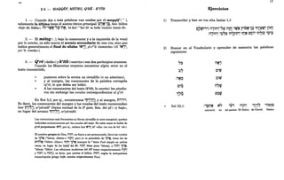 § 6. - MAQQEF, MÉTEG, QeRt - ~T1B
1. - Cuando dos o más palabras van unidas por el maqqef ( - ),
solamente la última tiene el acento tónico principal: C'~-l~, ben-'ádám
«hijo de Adán»; ir,-,~~-r,~-n~, 'et-kol-' aser-lO «a todo cuanto tenía él».
2. - El méteg (), bajo la corisonante y a la izquierda de la vocal
por lo común, no sólo marca el acento secundario de una voz, sino que
indica generalmente el final de sílaba: ~N,. yr-r'ú «temerán» (cf. ~N,
yir-'ú «verán»).
3. - Qere(<<leído») y ketib (<<escrito») son dos participios arameos.
Cuando los Masoretas creyeron encontrar algún error en el
texto transmitido, .
~ pusieron sobre la errata un circulillo (o un asterisco),
~ y al margen, las consonantes de la palabra corregida
(qere, lo que debía ser leído).
~ A las consonantes del texto (ketib, lo escrito) les añadie-
ron sin embargo las vocales correspondientes al qere:
En Rut 3,3, por ej., encontramos 't;1.,j~l; y al margen, n.",,,
Es decir,.! las consonantes del margen y las vocales del texto recomiendan
leer t;1.,j~l, weyárádte
(fo!;II1a normal de la 2a
pers. fem. del pf.) «y baja»,
en lugar del arcaico 't:1.,j~l, weyárddti.
Las correcciones más frecuentes no llevan circulillo ni nota marginal; quedan
indicadas exclusivamente por las vocales del texto. En tales casos se habla de
qere perpetuum: M'l), por ej., ordena leer M'l), hi' «ella» (en vez de hu' «éh».
El nombre propio de Dios, l'''M', no fuera a ser pronunciado, lleva las vocales
de '1'2$ ("'dónay «Señor»):M1n~; pero si va precedido de '1'2$, toma las de
C'H"~ C"lóhim «Dios»): Mjh~ '1"2$ (aunque la ' tiene s"wa simple en ambos
casos, en lugar de los lJ,a~f del M). M1h~ léese pues IOdonay; y Mjh~ '1'2$,
"'dónay "'lóhim. Las ediciones modernas del AT traen respectivamente M1M~
y MjM~ (o MjM!); es decir, que omiten ellJ.olem. mM" según la antiquísima
transcripción griega 'Ia/3t, sonaba originalmente Yavé.
15
Ejercicios
1) Transcribir y leer en voz alta Isaías 1,1:
2) Buscar en
siguientes:
r,~
:l~
ilNO
T ••
<
C~~
"1~~
~ Sal 23,1:
t;l,,~rg~"1 i1,~iI~-r,t' iI!O ,~~ ri6~-1~ ~i1.~l¡rq~ liTO
:iI,~iI~ '~7~ ~iI~Ptr:t~ TO~ cr,i' ~iI~1~ '~'~
el Vocabulario y aprender de memoria las palabras
ilN'
T T
c'fQ
:lW';
nr,w
- T
l'OW
- T
N·r, + •
iI'iI' .".,r, ,iOTO
:'OMN '~,
IT : ... T : N T : : .
careceré. no mi-pastor: El Señor, de-David. Salmo
 